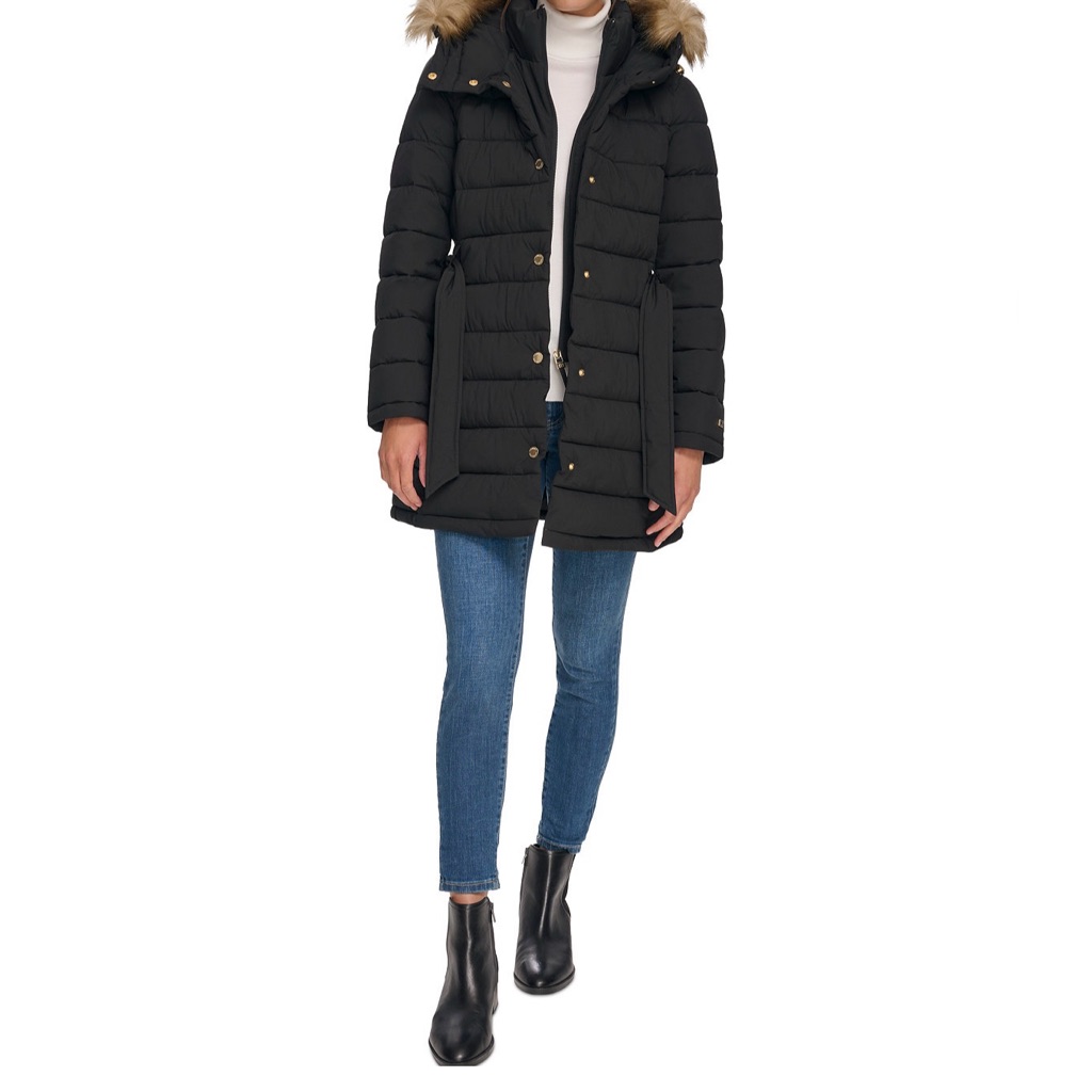 Nwt Tommy Hilfiger Belted Faux Fur Trim Hooded Puffer Coat